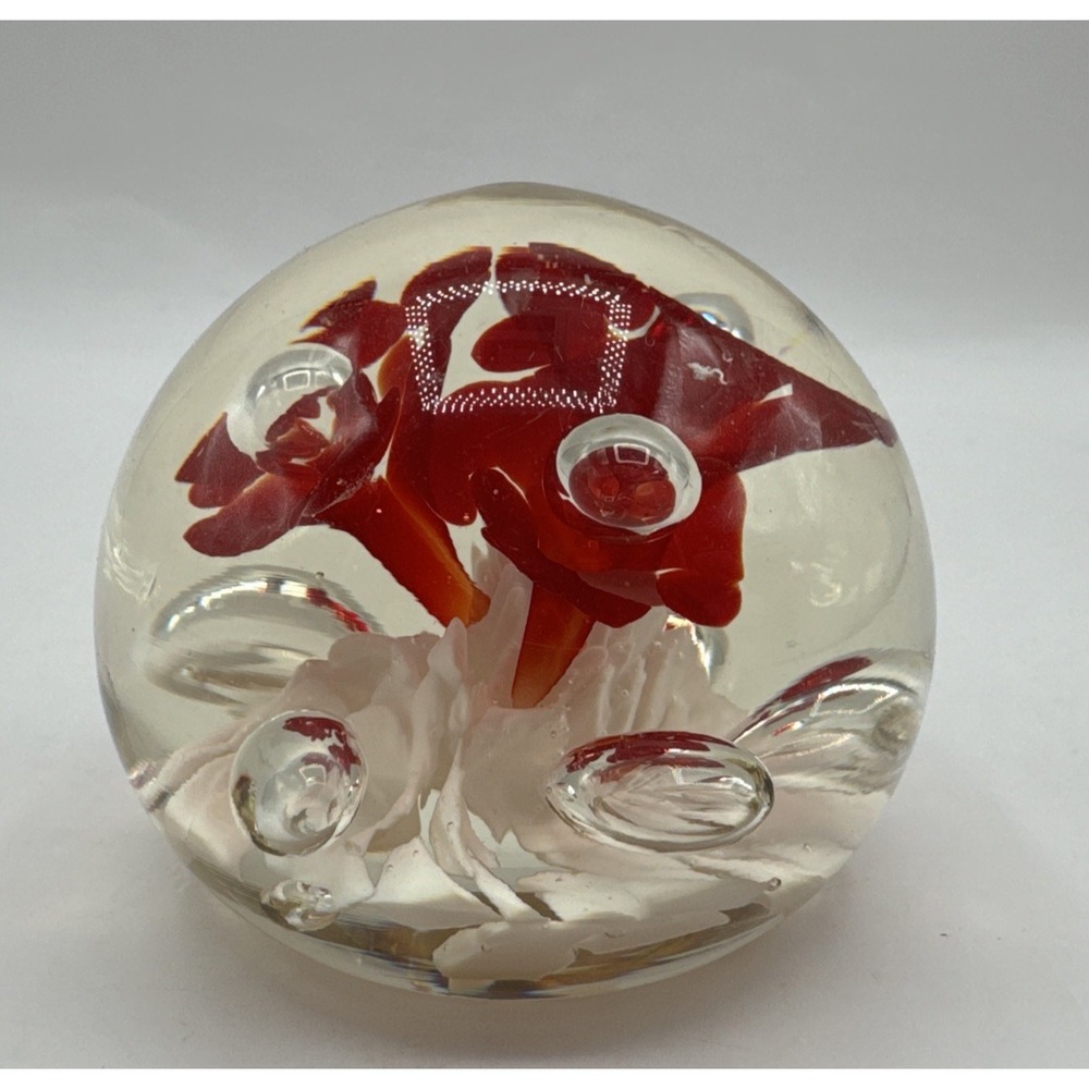 Cranberry Red Floral White Swirl Paperweight Controlled Bubble Art Glass